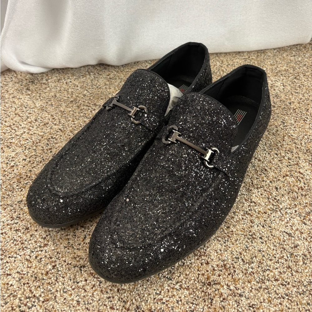Bravo Prom-2 Mens 14 Black Glitter Loafers Horsebit Dress Shoes Slip On EUC